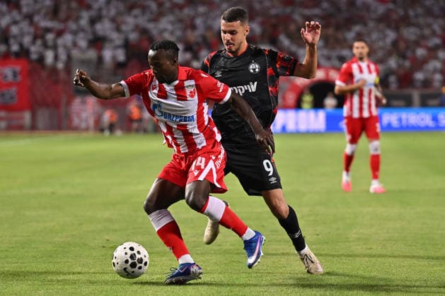 CRVENA ZVEZDA vs HAPOEL BEER SHEVA OSMAN BUKARI vs ZAHI AHMAD football Crvena zvezda vs Hapoel Ber Sheva Champions league qualification match at Rajko Mitic stadium , Belgrade 27.08.2026 PHOTO FOOTBALL, CRVENA ZVEZDA, RED STAR, UEFA CHAMPIONS LEAGUE QUALIFICATIONS, HAPOEL BEER SHEVA Belgrade Rajko Mitic stadium Serbia Copyright: xMarkoxMetlasx xMNxPressx