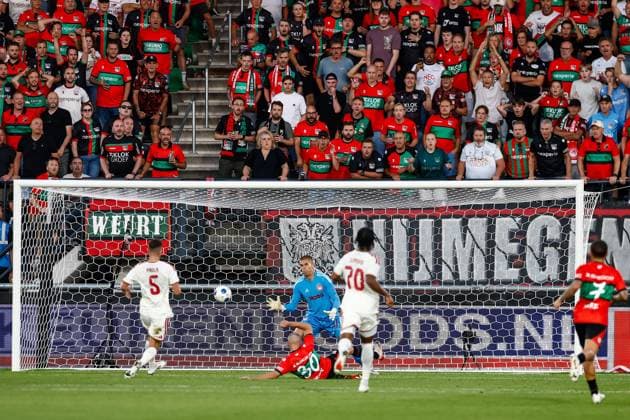 NIJMEGEN , 08-07-2026 , Stadium De Goffert , season 2026 2027 , Third qualifying round UEFA Champions League 2nd leg football , match between NEC Nijmegen and Olympiacos , picture shows goal scored by NEC player Bryan Linssen NEC - Olympiacos  x205634454x Copyright: