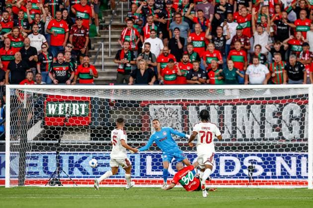 NIJMEGEN , 08-07-2026 , Stadium De Goffert , season 2026 2027 , Third qualifying round UEFA Champions League 2nd leg football , match between NEC Nijmegen and Olympiacos , picture shows goal scored by NEC player Bryan Linssen NEC - Olympiacos  x205634456x Copyright: