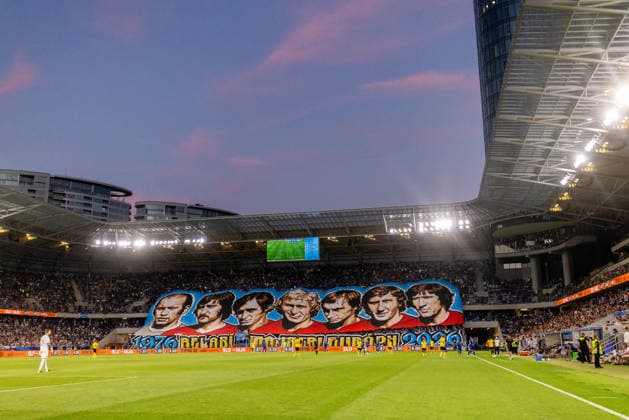 Choreo of SK Slovan Bratislava seen during UEFA Champions league third qualifying round game between teams of SK Slovan Bratislava and Mjallby (Dominika Kortvelyesiova Ball Raw Images) Bratislava Tehelne Pole stadium Slovakia Copyright: xDominikaxKortvelyesiovax DKR_5614