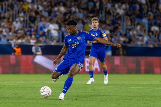Rahim Ibrahim of SK Slovan Bratislava seen during UEFA Champions league third qualifying round game between teams of SK Slovan Bratislava and Mjallby (Dominika Kortvelyesiova Ball Raw Images) Bratislava Tehelne Pole stadium Slovakia Copyright: xDominikaxKortvelyesiovax DKOR1220