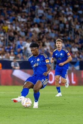 Rahim Ibrahim of SK Slovan Bratislava seen during UEFA Champions league third qualifying round game between teams of SK Slovan Bratislava and Mjallby (Dominika Kortvelyesiova Ball Raw Images) Bratislava Tehelne Pole stadium Slovakia Copyright: xDominikaxKortvelyesiovax DKOR1221