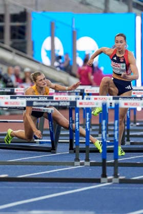 BIRMINGHAM, GREAT BRITAIN - AUGUST 11, 2026 : Franziska SCHUSTER (GER Germany) falls down competing in the 100m hurdles semifinal during the European Athletics Championships at Alexander Stadium on August 11, 2026 in Birmingham, Great Britain. Great Britain Copyright: xLeahxKohringx