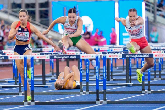 BIRMINGHAM, GREAT BRITAIN - AUGUST 11, 2026 : Franziska SCHUSTER (GER Germany) falls down competing in the 100m hurdles semifinal during the European Athletics Championships at Alexander Stadium on August 11, 2026 in Birmingham, Great Britain. Great Britain Copyright: xLeahxKohringx