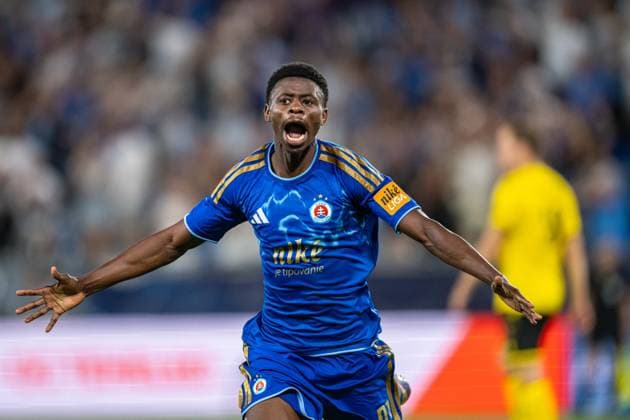 Suleiman Camara a goal celebrate during Champions League qualifying round 3 match, SK Slovan Bratislava - Mjallby AIF , 11. august 2026, Tehelne pole Stadium, Bratislava, Slovakia Copyright: xMICHALxFAJT,ZOSPORTU.SKx MAJ_5998