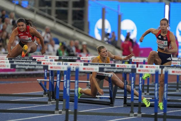 Birmingham , Leichtathletik, Athletics, Track and Field, EAA, Leichtathletik EM Birmingham 2026 European Championships birmingham 2026 , 10.08-17.08.2026, Alexander Stadium Birmingham, Grossbritannien , 100m Hürden Frauen, 100m Hurdles Women, Franziska Schuster Deutschland , Germany GER, gefallen , gestürzt FotoCopyright Gladys Chai von der Laage *** Birmingham, Track and Field, Athletics, EAA, 2026 European Athletics Championships in Birmingham, August 10–17, 2026, Alexander Stadium, Birmingham, United Kingdom, Women’s 100m Hurdles, Franziska Schuster, Germany (GER), fell, stumbled. Photo copyright Gladys Chai von der Laage