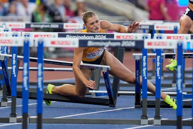 BIRMINGHAM, GREAT BRITAIN - AUGUST 11, 2026 : Franziska SCHUSTER (GER Germany) falls down competing in the 100m hurdles semifinal during the European Athletics Championships at Alexander Stadium on August 11, 2026 in Birmingham, Great Britain. Great Britain Copyright: xLeahxKohringx