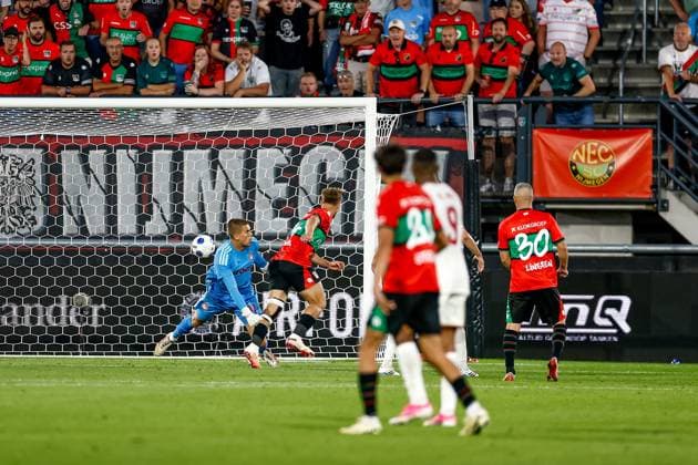 NIJMEGEN , 08-07-2026 , Stadium De Goffert , season 2026 2027 , Third qualifying round UEFA Champions League 2nd leg football , match between NEC Nijmegen and Olympiacos , picture shows goal scored by NEC player Kaj Sierhuis NEC - Olympiacos  x205634859x Copyright: