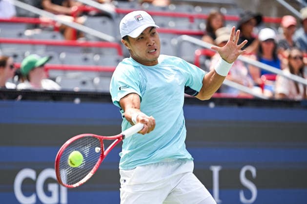 MONTREAL, QC - AUGUST 11: Brandon Nakashima (USA) returns the ball during a quarterfinal match at National Bank Open on August 11, 2026 at IGA Stadium in Montreal, QC (Photo by David Kirouac Icon Sportswire) TENNIS: AUG 11 National Bank Open EDITORIAL USE ONLY Icon26081102526