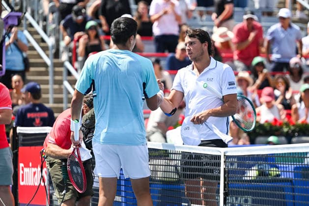 MONTREAL, QC - AUGUST 11: Luciano Darderi (ITA) congratulates Brandon Nakashima (USA) for his win of a quarterfinal match at National Bank Open on August 11, 2026 at IGA Stadium in Montreal, QC (Photo by David Kirouac Icon Sportswire) TENNIS: AUG 11 National Bank Open EDITORIAL USE ONLY Icon26081103026