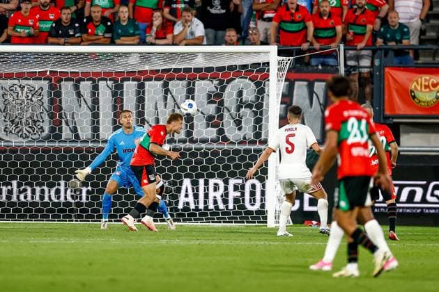 NIJMEGEN , 08-07-2026 , Stadium De Goffert , season 2026 2027 , Third qualifying round UEFA Champions League 2nd leg football , match between NEC Nijmegen and Olympiacos , picture shows goal scored by NEC player Kaj Sierhuis NEC - Olympiacos  x205634870x Copyright: