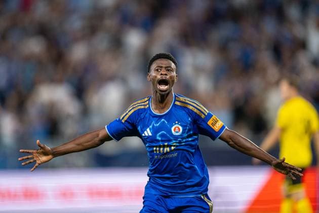Suleiman Camara a goal celebrate during Champions League qualifying round 3 match, SK Slovan Bratislava - Mjallby AIF , 11. august 2026, Tehelne pole Stadium, Bratislava, Slovakia Copyright: xMICHALxFAJT,ZOSPORTU.SKx MAJ_5999