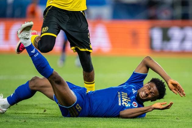 Fouled Rahim Ibrahim during Champions League qualifying round 3 match, SK Slovan Bratislava - Mjallby AIF , 11. august 2026, Tehelne pole Stadium, Bratislava, Slovakia Copyright: xMICHALxFAJT,ZOSPORTU.SKx MAJ_6006