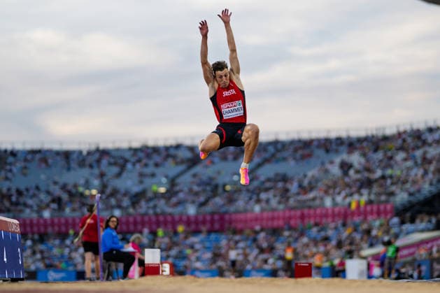 BIRMINGHAM, UNITED KINGDOM - AUGUST 11: Simon Ehammer of Switzerland competes in the Men s Long Jump Final during the European Athletics Championships at Alexander Stadium on August 11, 2026 in Birmingham, United Kingdom. England United Kingdom Copyright: xBEAUTIFULxSPORTS TobiasxLacknerx