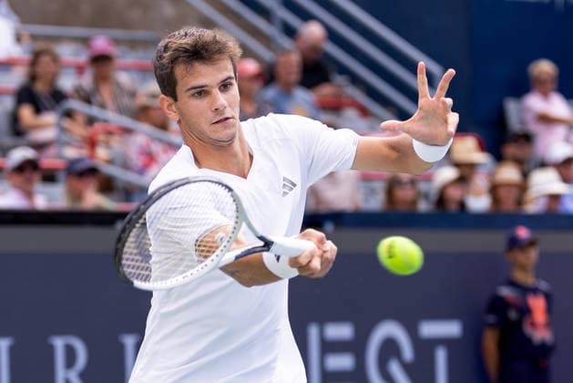 August 11, 2026, Montreal, Quebec, Canada: RAFAEL JODAR (20) from Spain forehand in match against Arthur Fils (18) from France in quarter final at Canadian Open at IGA stadium in Montreal, Quebec, Canada on 2026-08-11 Montreal Canada - ZUMAl189 20260811_zsp_l189_050 Copyright: xYannickxLegarex