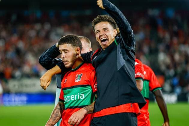 NIJMEGEN , 08-07-2026 , Stadium De Goffert , season 2026 2027 , Third qualifying round UEFA Champions League 2nd leg football , match between NEC Nijmegen and Olympiacos , picture shows goal celebration by NEC player Emre Mor NEC - Olympiacos  x205635105x Copyright: