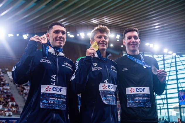 NATATION : Championnat d europe de natation 2026 - PARIS - 11 08 2026 Nicolo Martinenghi (ITA) Ivan Kozhakin (NAB) Simone Cerasuolo (ITA) Saint DenisFrance  Copyright: xBaptistexAutissierx