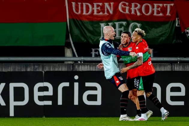 NIJMEGEN - N.E.C. Nijmegen aanvaller Emre Mor scoort de 2-1 en viert zijn doelpunt tijdens de Champions League wedstrijd tussen N.E.C. en Olympiacos in Stadion de Goffert op 11 augustus 2026 in Nijmegen , Nederland. - *** NIJMEGEN N E C Nijmegen forward Emre Mor scores the 2-1 goal and celebrates his goal during the Champions League match between N E C and Olympiacos at De Goffert Stadium on August 11, 2026, in Nijmegen, the Netherlands