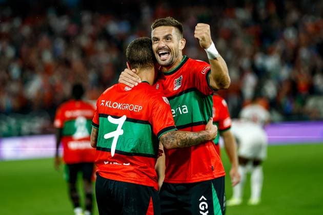 NIJMEGEN , 08-07-2026 , Stadium De Goffert , season 2026 2027 , Third qualifying round UEFA Champions League 2nd leg football , match between NEC Nijmegen and Olympiacos , picture shows goal celebration by NEC player Dusan Tadic and NEC player Emre Mor NEC - Olympiacos  x205635108x Copyright: