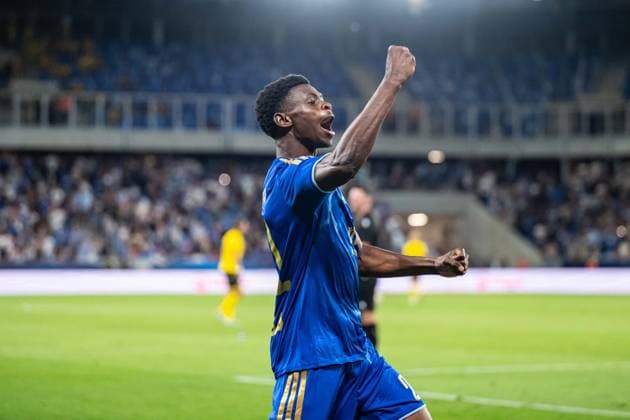 Suleiman Camara a goal celebrate during Champions League qualifying round 3 match, SK Slovan Bratislava - Mjallby AIF , 11. august 2026, Tehelne pole Stadium, Bratislava, Slovakia Copyright: xMICHALxFAJT,ZOSPORTU.SKx MAR_4418
