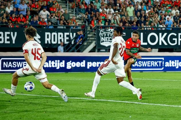 NIJMEGEN , 08-07-2026 , Stadium De Goffert , season 2026 2027 , Third qualifying round UEFA Champions League 2nd leg football , match between NEC Nijmegen and Olympiacos , picture shows goal scored by NEC player Emre Mor NEC - Olympiacos  x205635110x Copyright: