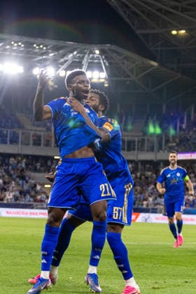 Cesar Blackman of SK Slovan Bratislava and Camara Suleiman of SK Slovan Bratislava seen during UEFA Champions league third qualifying round game between teams of SK Slovan Bratislava and Mjallby (Dominika Kortvelyesiova Ball Raw Images) Bratislava Tehelne Pole stadium Slovakia Copyright: xDominikaxKortvelyesiovax DKR_5810
