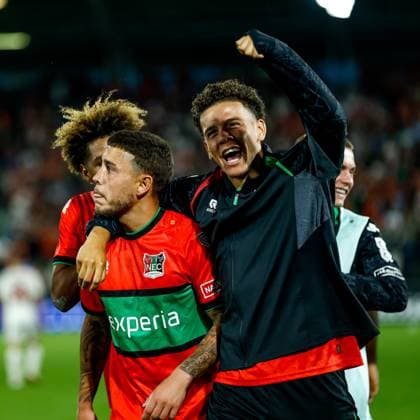 NIJMEGEN , 08-07-2026 , Stadium De Goffert , season 2026 2027 , Third qualifying round UEFA Champions League 2nd leg football , match between NEC Nijmegen and Olympiacos , picture shows goal celebration by NEC player Emre Mor NEC - Olympiacos  x205635133x Copyright: