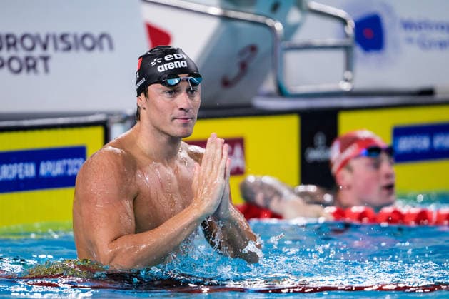 260811 Nicolo Martinenghi of Italy celebrates after competing in men™s 100 meters breaststroke swimming final during day twelve of the 2026 European Aquatics Championships on August 11, 2026 in Saint-Denis. Photo: Joel Marklund BILDBYRAN kod JM JM0839 bbeng simning swimming svomming 2026 european aquatics championships em jubel *** 260811 Nicolo Martinenghi of Italy celebrates after competing in the men’s 100-meter breaststroke final on the twelfth day of the 2026 European Aquatics Championships on August 11, 2026 in Saint Denis. Photo by Joel Marklund. BILDBYRAN code JM JM0839 bbeng swimming 2026 European Aquatics Championships EM celebration  Copyright: JOELxMARKLUND BB260811JM216