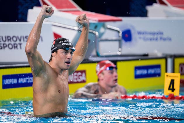 260811 Nicolo Martinenghi of Italy celebrates after competing in men™s 100 meters breaststroke swimming final during day twelve of the 2026 European Aquatics Championships on August 11, 2026 in Saint-Denis. Photo: Joel Marklund BILDBYRAN kod JM JM0839 bbeng simning swimming svomming 2026 european aquatics championships em jubel *** 260811 Nicolo Martinenghi of Italy celebrates after competing in the men’s 100-meter breaststroke final on the twelfth day of the 2026 European Aquatics Championships on August 11, 2026 in Saint Denis. Photo by Joel Marklund. BILDBYRAN code JM JM0839 bbeng swimming 2026 European Aquatics Championships EM celebration  Copyright: JOELxMARKLUND BB260811JM217
