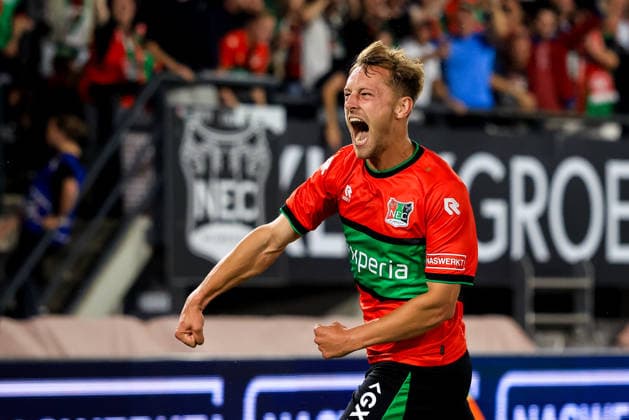 NIJMEGEN, NETHERLANDS - AUGUST 11: Kaj Sierhuis of NEC Nijmegen celebrates his team s second goal during the UEFA Champions League 2026 27 third qualifying round second leg match between NEC Nijmegen and Olympiacos at the Goffertstadion on August 11, 2026 in Nijmegen, Netherlands.  Copyright: xRenexNijhuis MBxMediax