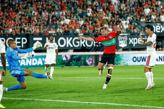 NIJMEGEN , 08-07-2026 , Stadium De Goffert , season 2026 2027 , Third qualifying round UEFA Champions League 2nd leg football , match between NEC Nijmegen and Olympiacos , picture shows goal attempt by NEC player Kaj Sierhuis NEC - Olympiacos  x205635195x Copyright: