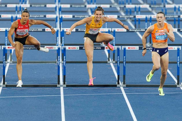 BIRMINGHAM, GREAT BRITAIN - AUGUST 11, 2026 : Ditaji KAMBUNDJI (SUI Switzerland), Rosina SCHNEIDER (GER Germany), Nadine VISSER (NED Netherlands) competing in the 100m hurdles (semi-final)during the European Athletics Championships at Alexander Stadium on August 11, 2026 in Birmingham, Great Britain. Great Britain Copyright: xAxelxKohringx
