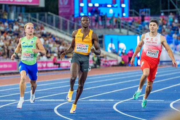 BIRMINGHAM, GREAT BRITAIN - AUGUST 11, 2026 : Owen ANSAH (GER Germany) competing in the 100m semifinal during the European Athletics Championships at Alexander Stadium on August 11, 2026 in Birmingham, Great Britain. Great Britain Copyright: xLeahxKohringx