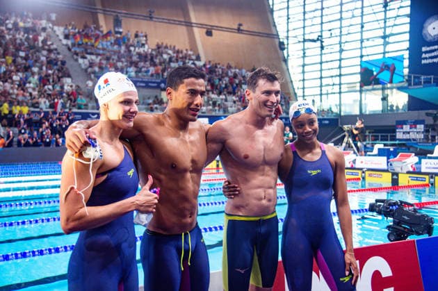 NATATION : Championnat d europe de natation 2026 - PARIS - 11 08 2026 Mary Ambre Moluh (FRA) Carl Aitkaci (FRA) Maxime Gousset (FRA) Marie Wattel (FRA) Saint DenisFrance  Copyright: xBaptistexAutissierx