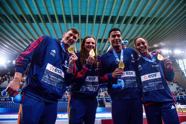NATATION : Championnat d europe de natation 2026 - PARIS - 11 08 2026 Mary Ambre Moluh (FRA) Carl Aitkaci (FRA) Maxime Gousset (FRA) Marie Wattel (FRA) Saint DenisFrance  Copyright: xBaptistexAutissierx