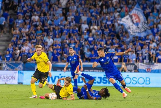 Jeppe Kjaer of Mjallby, Kianga Manasse of SK Slovan Bratislava, Jeppe Kjaer of Mjallby and Svetozar Markovic of SK Slovan Bratislava seen during UEFA Champions league third qualifying round game between teams of SK Slovan Bratislava and Mjallby (Dominika Kortvelyesiova Ball Raw Images) Bratislava Tehelne Pole stadium Slovakia Copyright: xDominikaxKortvelyesiovax DKR_5753