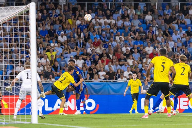Rahim Ibrahim of SK Slovan Bratislava, Kianga Manasse of SK Slovan Bratislava, Jeppe Kjaer of Mjallby and Svetozar Markovic of SK Slovan Bratislava seen during UEFA Champions league third qualifying round game between teams of SK Slovan Bratislava and Mjallby (Dominika Kortvelyesiova Ball Raw Images) Bratislava Tehelne Pole stadium Slovakia Copyright: xDominikaxKortvelyesiovax DKR_5757