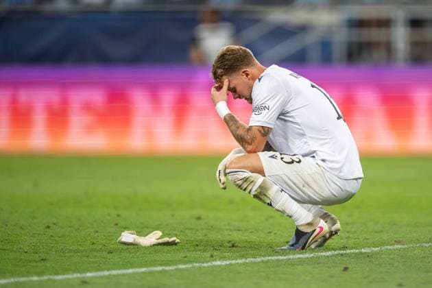 Disappointed Mjallby AIF players during Champions League qualifying round 3 match, SK Slovan Bratislava - Mjallby AIF , 11. august 2026, Tehelne pole Stadium, Bratislava, Slovakia Copyright: xMICHALxFAJT,ZOSPORTU.SKx MAJ_6170
