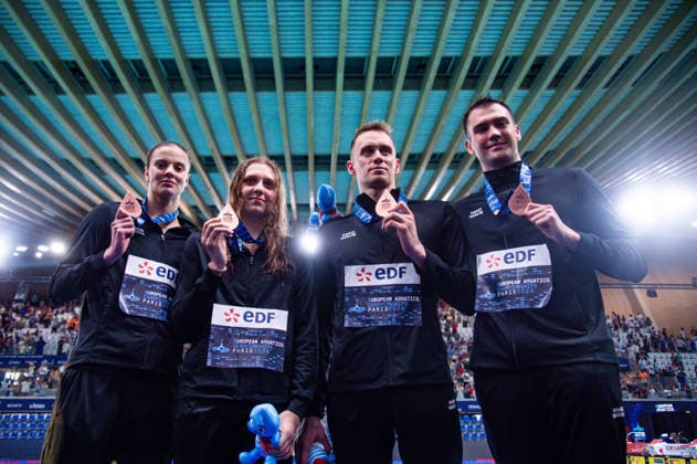 NATATION : Championnat d europe de natation 2026 - PARIS - 11 08 2026 Kliment Kolesnikov (NAB) Kirill Prigoda (NAB) Daria Klepikova (NAB) Aleksandra Kuznetsova (NAB) Saint DenisFrance  Copyright: xBaptistexAutissierx