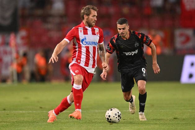 CRVENA ZVEZDA vs HAPOEL BEER SHEVA ALEKSANDAR KATAI vs ZAHI AHMAD football Crvena zvezda vs Hapoel Ber Sheva Champions league qualification match at Rajko Mitic stadium , Belgrade 27.08.2026 PHOTO FOOTBALL, CRVENA ZVEZDA, RED STAR, UEFA CHAMPIONS LEAGUE QUALIFICATIONS, HAPOEL BEER SHEVA Belgrade Rajko Mitic stadium Serbia Copyright: xMarkoxMetlasx xMNxPressx