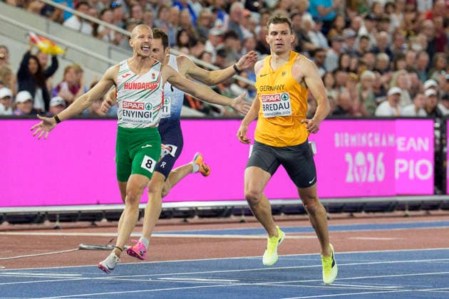 BIRMINGHAM, GREAT BRITAIN - AUGUST 11, 2026 : Jean Paul Bredau (GER Germany) wis his semifinal over 400m before Patrik Simon ENYINGI (HUN Hungary) during the European Athletics Championships at Alexander Stadium on August 11, 2026 in Birmingham, Great Britain. Great Britain Copyright: xLeahxKohringx