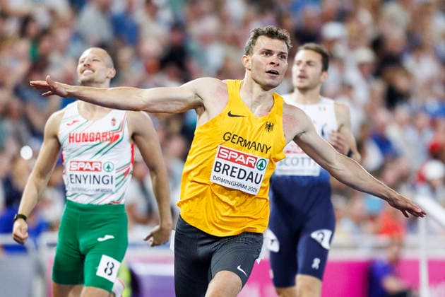 BIRMINGHAM, GREAT BRITAIN - AUGUST 11, 2026 : Jean-Paul BREDAU (GER Germany) flies into the final 400m competing during the European Athletics Championships at Alexander Stadium on August 11, 2026 in Birmingham, Great Britain. Great Britain Copyright: xAxelxKohringx