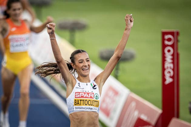 RECORD DATE NOT STATED 11th August 2026; Alexander Stadium, Birmingham, Midlands, England; 2026 European Athletics Championships, Day Two; Nadia Battocletti (ITA) celebrates winning gold in the womens 5000m GodfreyxPitt
