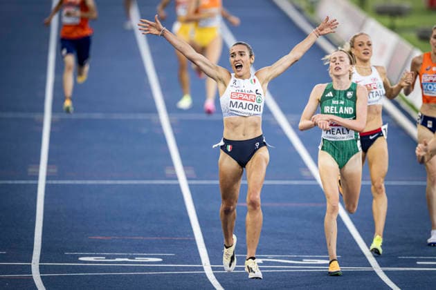 RECORD DATE NOT STATED 11th August 2026; Alexander Stadium, Birmingham, Midlands, England; 2026 European Athletics Championships, Day Two; Micol Majori (ITA) celebrates winning bronze in the womens 5000m GodfreyxPitt