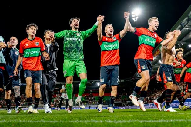 NIJMEGEN - Spelers van N.E.C. vieren de winst na de Champions League wedstrijd tussen N.E.C. en Olympiacos in Stadion de Goffert op 11 augustus 2026 in Nijmegen , Nederland. - *** NIJMEGEN NEC players celebrate their victory after the Champions League match between NEC and Olympiacos at De Goffert Stadium on August 11, 2026, in Nijmegen, the Netherlands