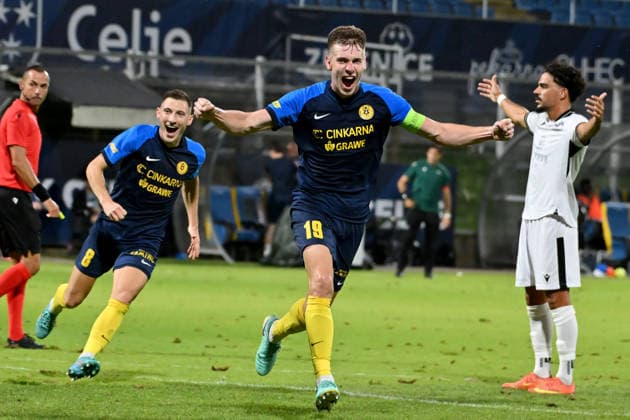 CELJE; SLOVENIA - ARMENIA 11: Mark Zabukovnik of Celje celebrated score during the UEFA Champions League QR-3 second match between Celje (Slovenia) and Ararat-Armenia (Armenia) at Stadion Celje, Celje on August 11, 2026 in Celje, Slovenia. (Photo by Igor Kupljenik Sports Press Photo).  Copyright: xIgorxKupljenikx xSPPx Sportspressphoto_SPR204357
