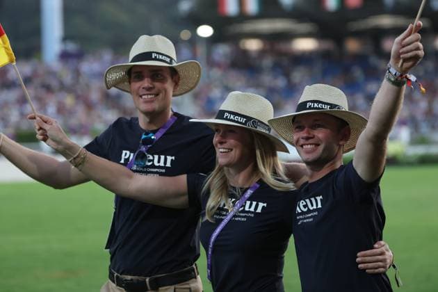 Raphael Netz (GER) mit Selina Söder (Tochter von Ministerpräsident Markus Söder und Teamkollege der Mannschaft Frederic Wanders (GER) , Eröffnungsfeier , Opening ceremony , AACHEN - FEI World Championships 2026, Weltfest des Pferdesports, Reitsport Weltmeisterschaft 2026, Aachen 2026, Welcome Home 2026, Aachener Soers, 11. bis 23. August 2026, Reitsport, 11.08.2026, Aachen Aachener Soers Deutschland *** Raphael Netz (GER) with Selina Söder, daughter of Minister President Markus Söder and teammate of Frederic Wanders (GER), Opening Ceremony, AACHEN FEI World Championships 2026, World Festival of Equestrian Sports, 2026 World Equestrian Games, Aachen 2026, Welcome Home 2026, Aachener Soers, August 11–23, 2026, Equestrian Sports, August 11, 2026, Aachen Aachener Soers Germany