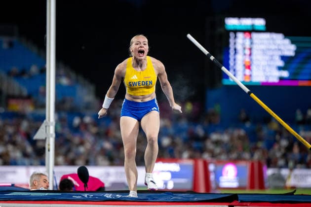 11.08.2026, GBR, Leichtathletik, Europameisterschaft 2026, Abendsession Tag 2, Birmingham Kajsa Roth ( Schweden ) jubelt über einen guten Sprung und den Einzug in das Finale, Stabhochsprung Damen, Qualifikation Birmingham Alexander Stadium England Großbritannien *** August 11, 2026, GBR, Track and Field, 2026 European Championships, Evening Session, Day 2, Birmingham: Kajsa Roth of Sweden celebrates a good jump and her spot in the final, Women’s Pole Vault, Qualifying Round, Alexander Stadium, Birmingham, England, Great Britain Copyright: xNordphoto Memmlerx