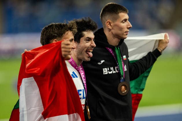 260811 Simon Ehammer of Schweiz, Miltiadis Tentogloui of Greece and Bozhidar SarÃ¢boyukov of Bulgaria celebrates after men s long jump final during day 2 of the 2026 European Athletics Championships on August 11, 2026 in Birmingham. Photo: Mathias Bergeld BILDBYRAN kod MB MT1065 friidrott athletics friidrett friidrotts-em em friidretts-em 2026 european athletics championships 2 bbeng *** August 11, 2026: Simon Ehammer of Switzerland, Miltiadis Tentogloui of Greece, and Bozhidar Saraboyukov of Bulgaria celebrate after the men’s long jump final on Day 2 of the 2026 European Athletics Championships on August 11, 2026 in Birmingham. Photo by Mathias Bergeld. BILDBYRAN code MB MT1065. track and field, athletics, friidrett, friidrotts EM, 2026 European Athletics Championships, 2 bbeng  Copyright: MATHIASxBERGELD BB260811MB151