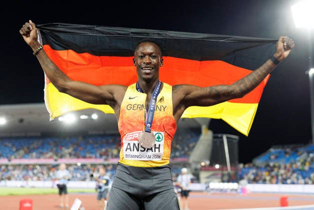 BIRMINGHAM, GREAT BRITAIN - AUGUST 11, 2026 : Owen ANSAH (GER Germany) wins Bronze in the 100m final during the European Athletics Championships at Alexander Stadium on August 11, 2026 in Birmingham, Great Britain. Great Britain Copyright: xAxelxKohringx